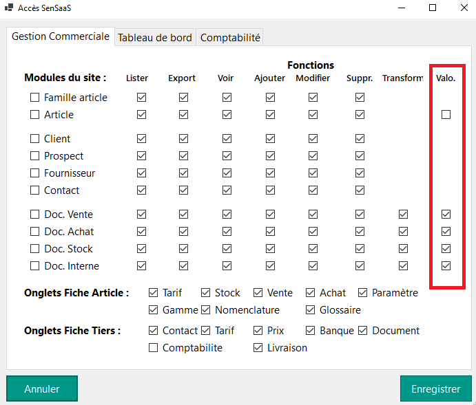 Interface de contrôle de la valorisation